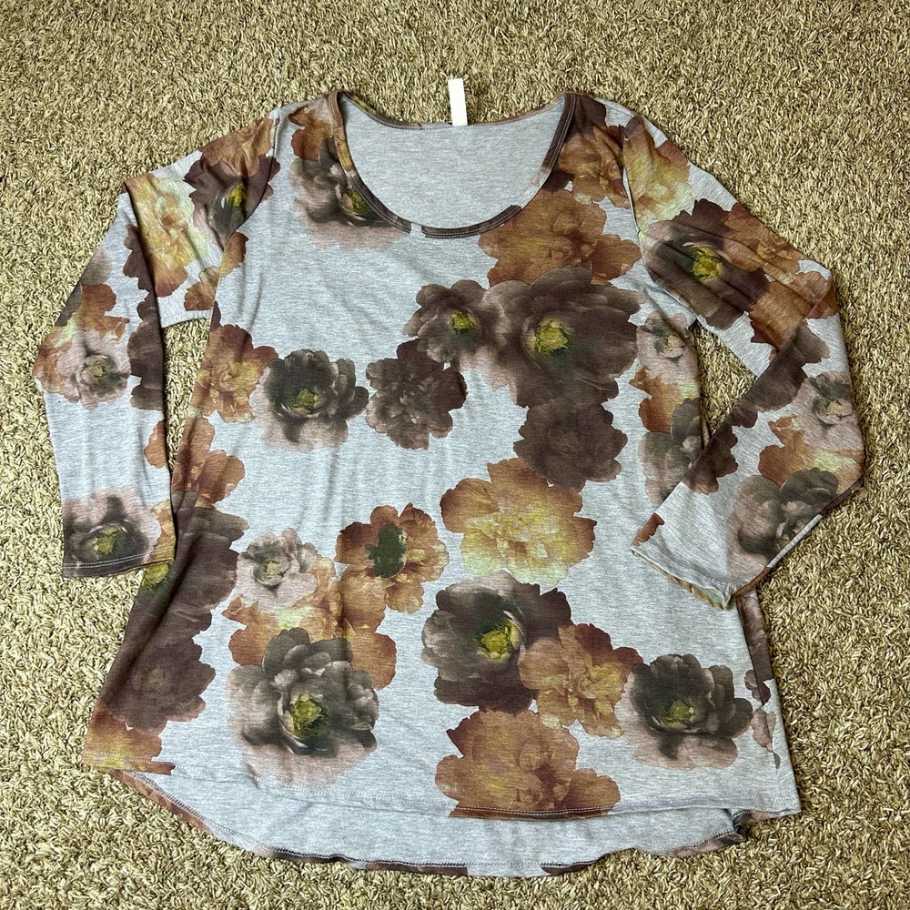 LulaRoe 2XL Gray Brown Floral Scoop Neck Tunic Blouse Long Sleeve